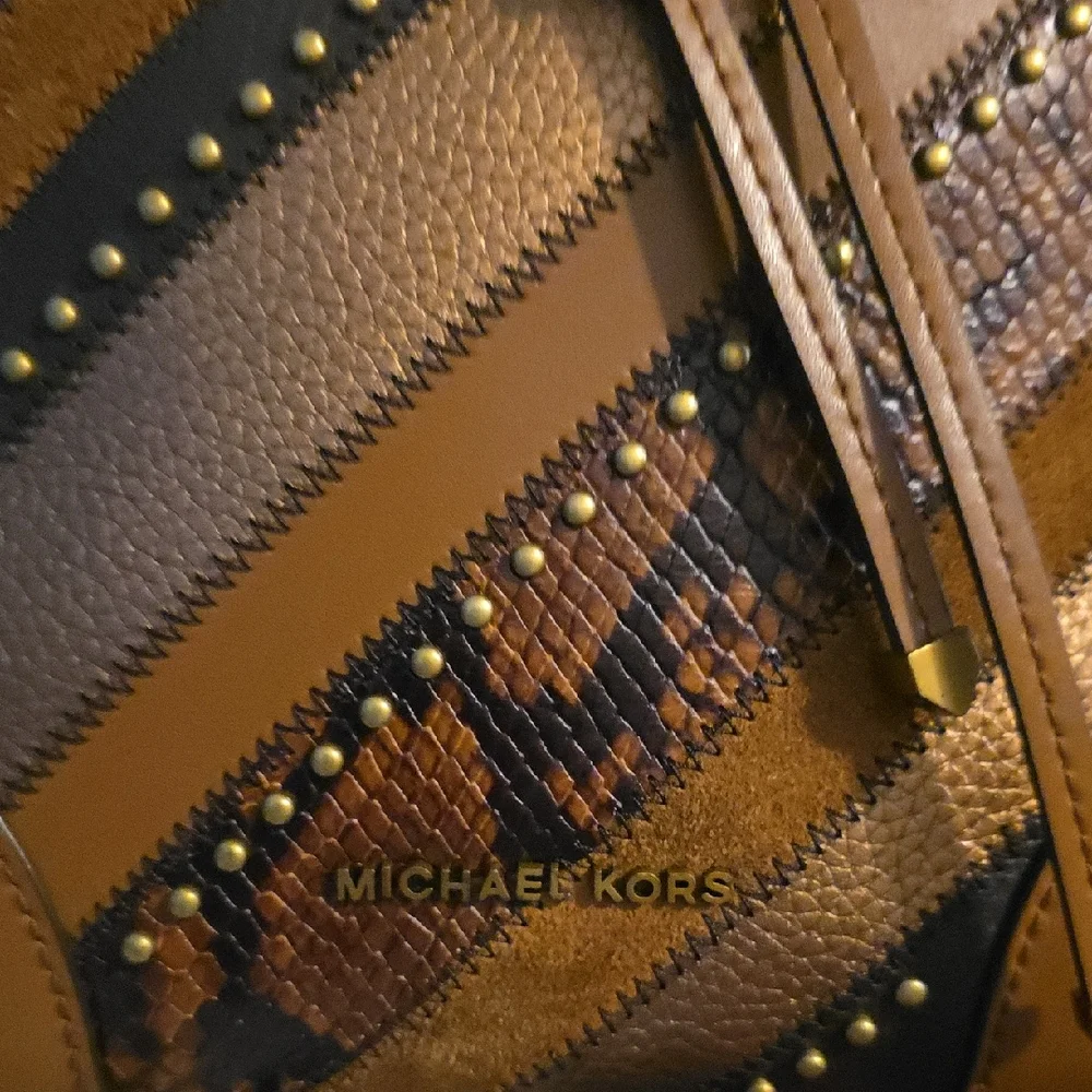 Michael Kors Brown and Black Shoulder Bag with Studded Stripes - Picture 2 of 9